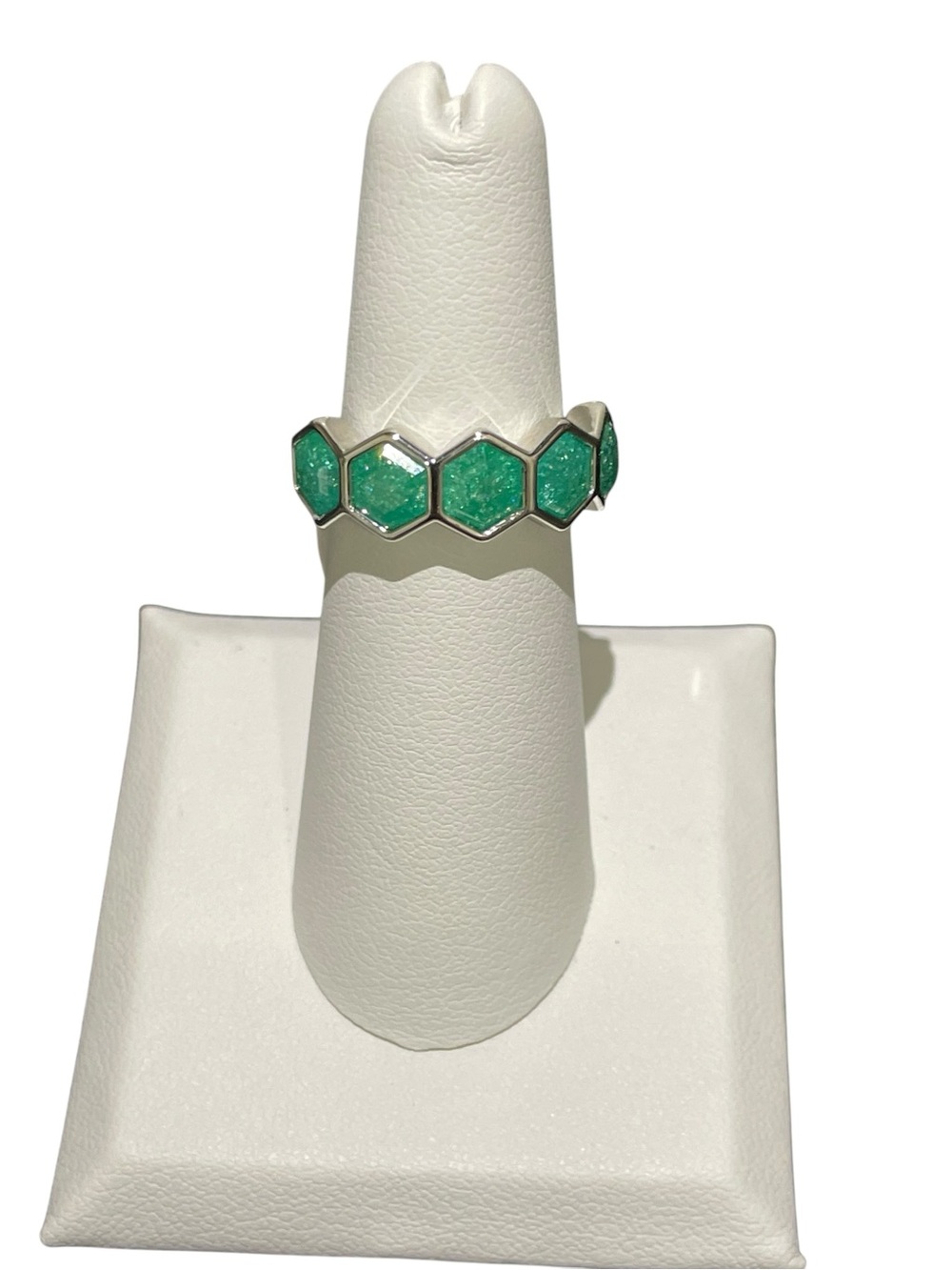 Bomb Party OG Ring “The Memory Of Shine” Rhodium/Emerald Ice Crystal, Size 6